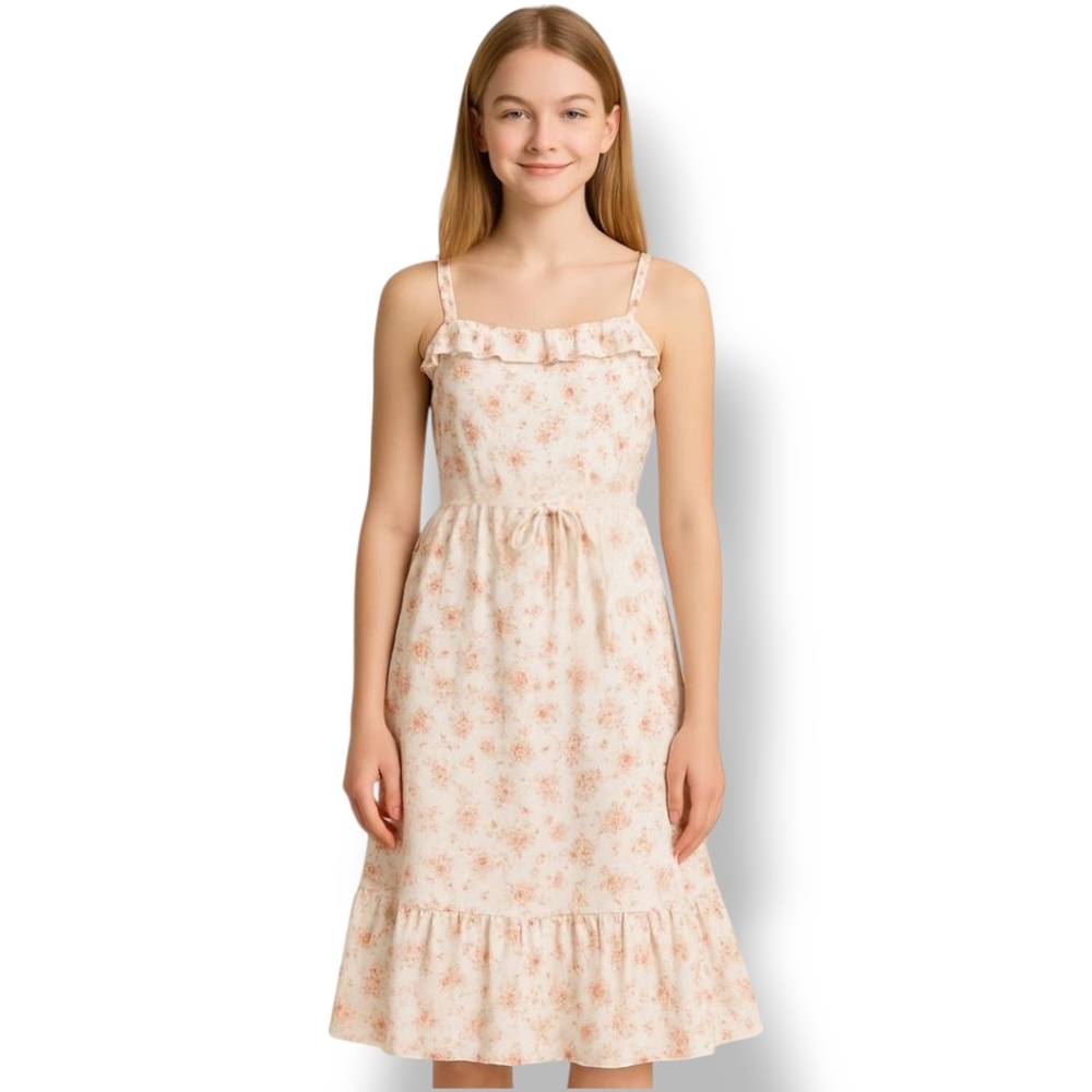 Zunie Girls Cottagecore Cream Floral Ruffle Sundress